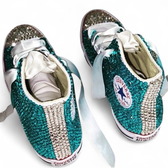 Teal Crystal Diamond High Top Converse Sizes 5-14 New In Box With Ribbon Lacs - Picture 2 of 14